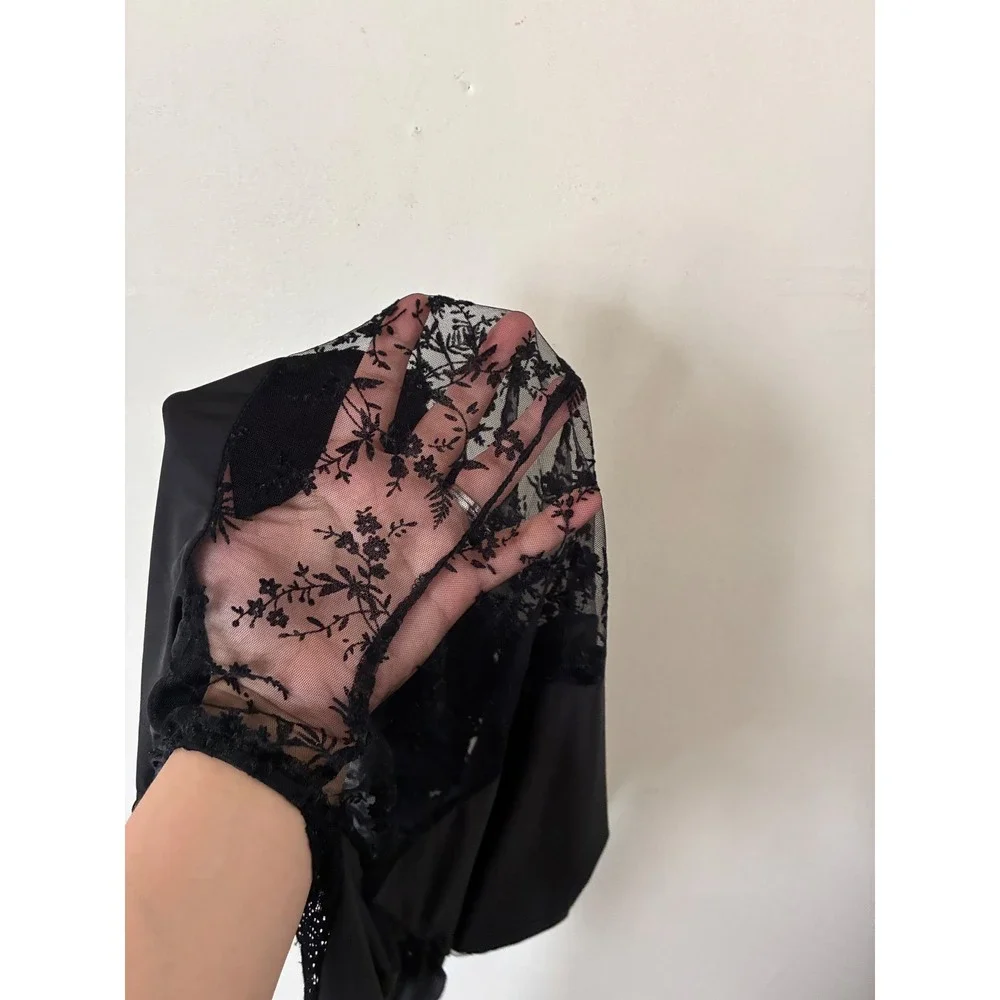 Black Lace Trim V-Neck Chemise Nightgown Sheer Side Panels Sleepwear Medium